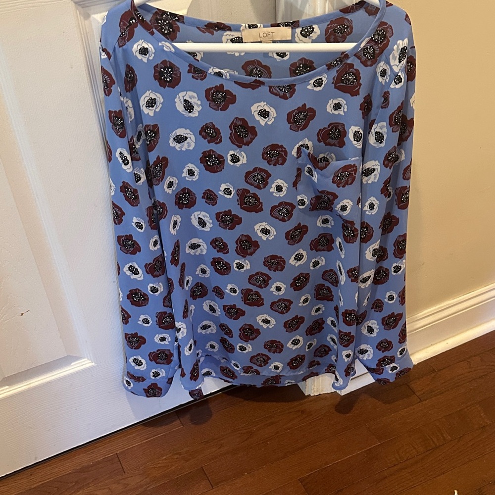 LOFT Blue Blouse with Red and White Floral Pattern